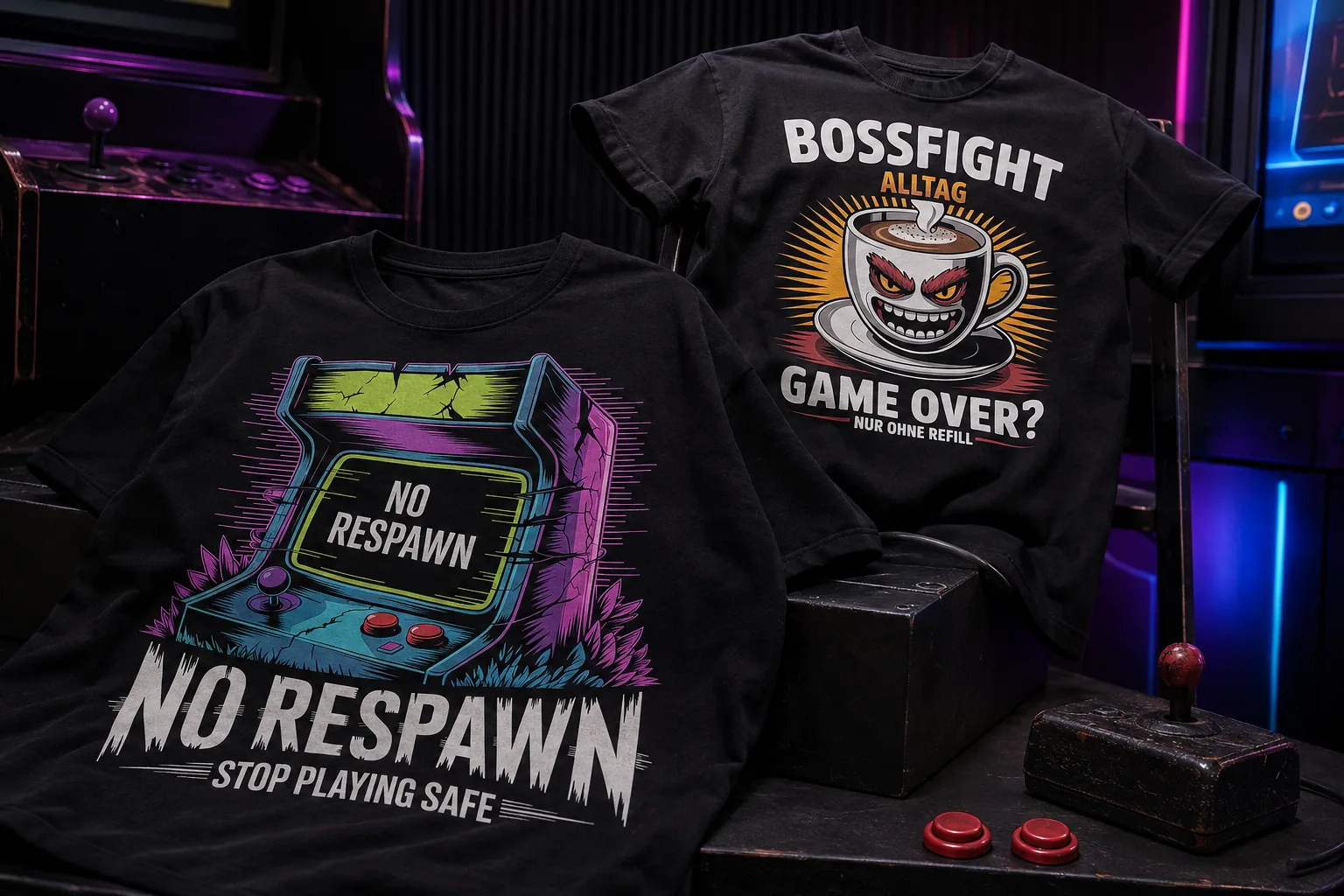 No Respawn und Bossfight Alltag als realistische T-Shirt-Inszenierung